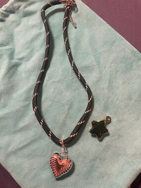 JBloom Black Rope Necklace with Silver Heart Pendant + Green Star Charm